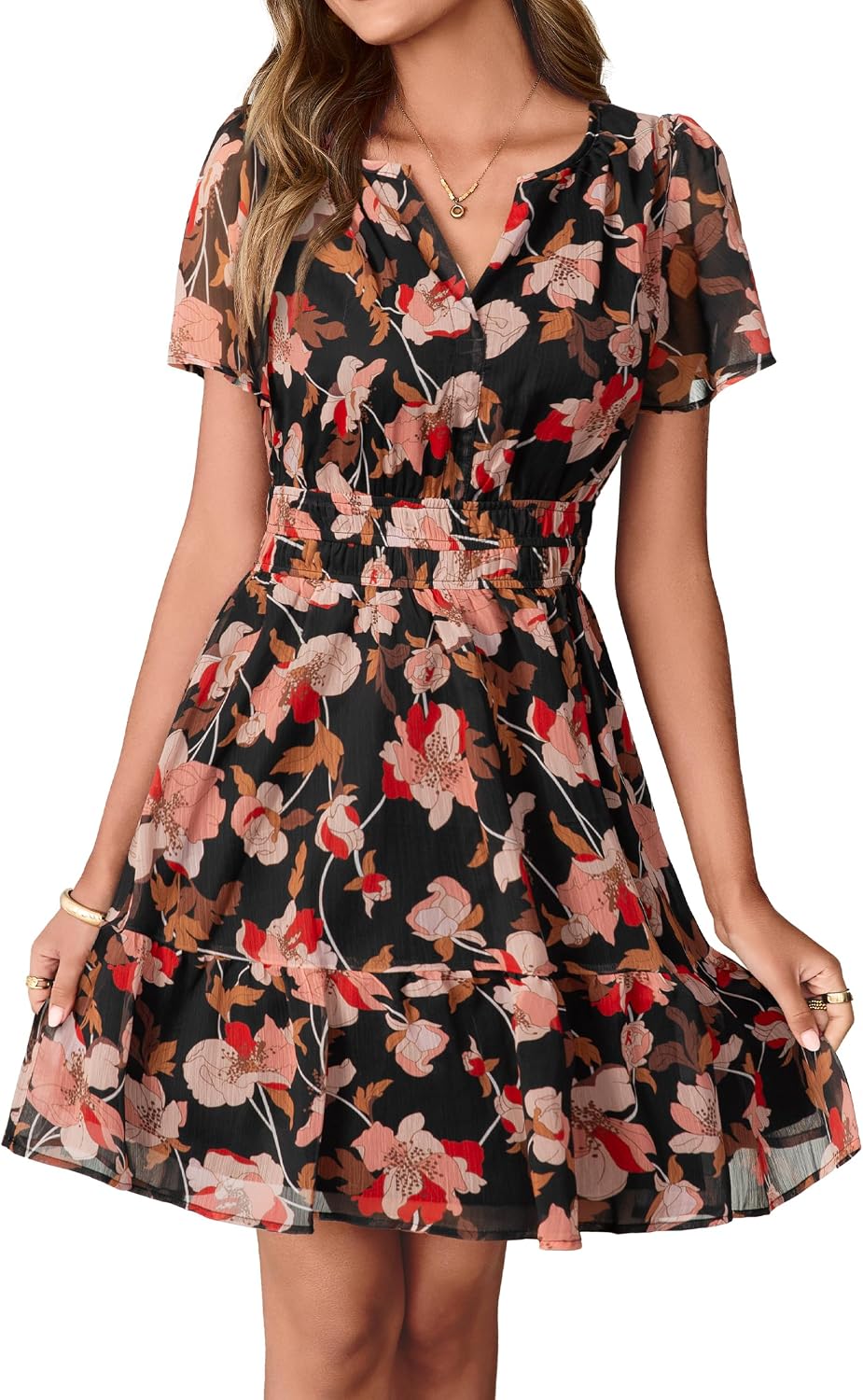 Simplee Women 2026 Floral Summer Short Dress Short Sleeves V Neck Chiffon A-Line Casual Flowy Boho Mini Dresses