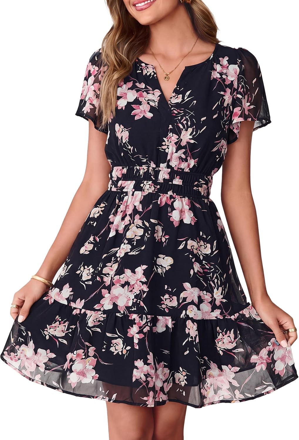 Simplee Women 2026 Floral Summer Short Dress Short Sleeves V Neck Chiffon A-Line Casual Flowy Boho Mini Dresses