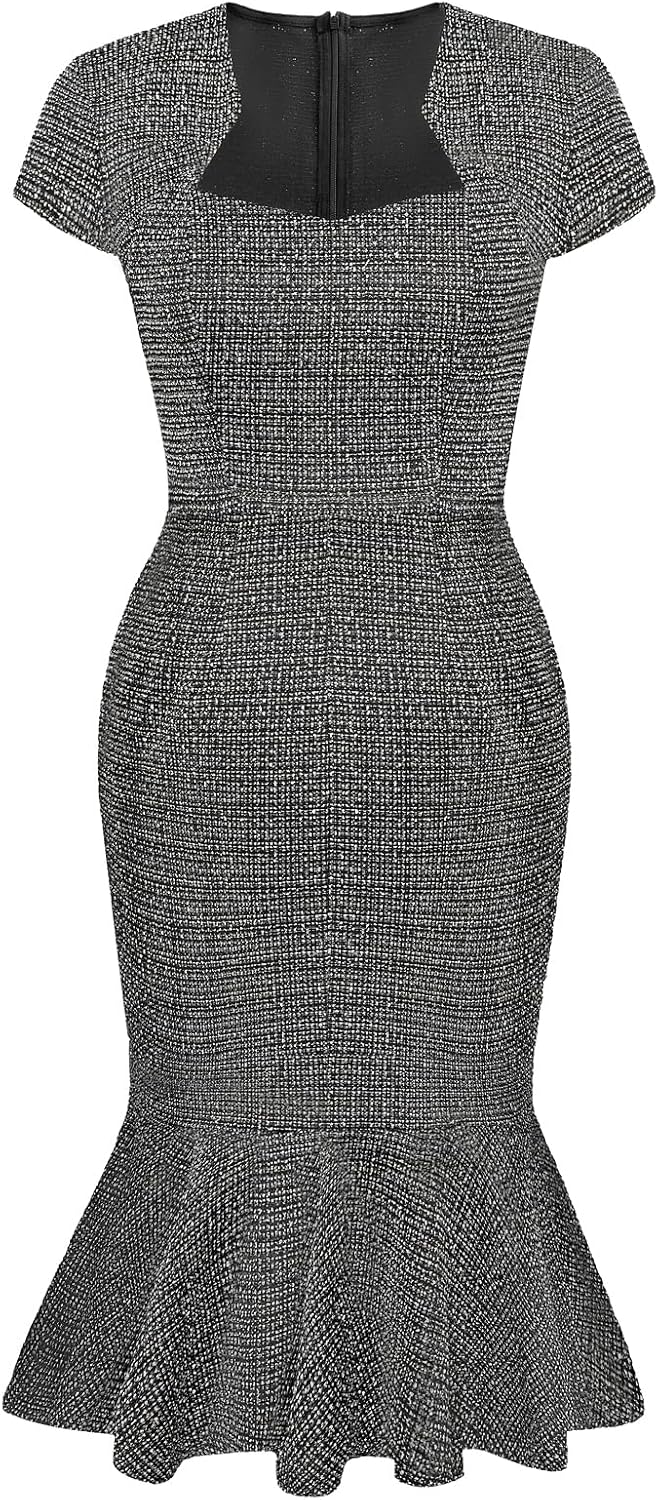 GRACE KARIN Womens Cocktail Dress Fishtail Tweed Bodycon Dresses | Cotton blend stretch fabric, Knee-Length, Cap sleeve, Zipper back, Sweetheart neck, Party wedding guest midi dress