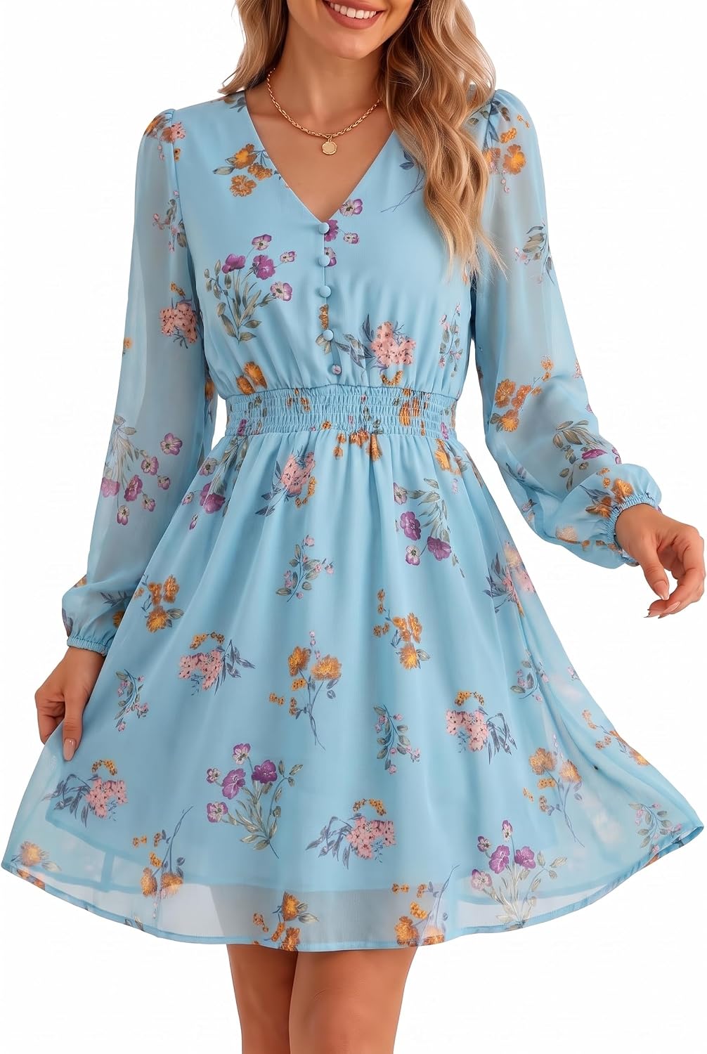 GERT COREL Womens Floral Mini Dress, V Neck Long Sleeve Chiffon A Line | Flowy Fall Dress for Women, Wedding Guest Dress, Floral Short Dress, Boho Dress, Garden Party, Bridal Shower, Date Night