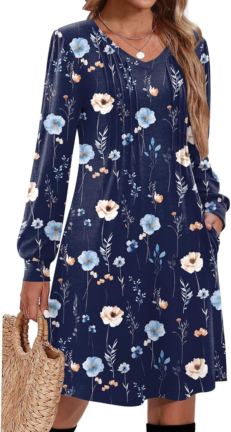 Zeagoo Fall Dresses for Women Long Sleeve Casual Pleated V Neck Dress 2026 A Line Tunic Dress