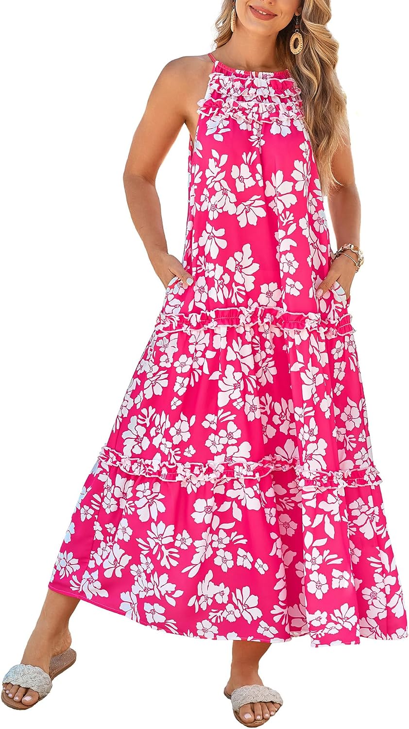 GRACE KARIN 2026 Women's Floral Halter Maxi Dress Boho Summer Beach Sundress with Tiered Ruffle Skirt