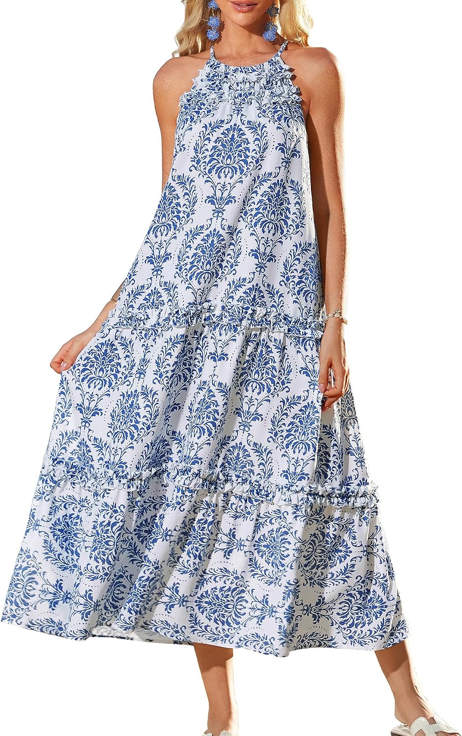 GRACE KARIN 2026 Women's Floral Halter Maxi Dress Boho Summer Beach Sundress with Tiered Ruffle Skirt