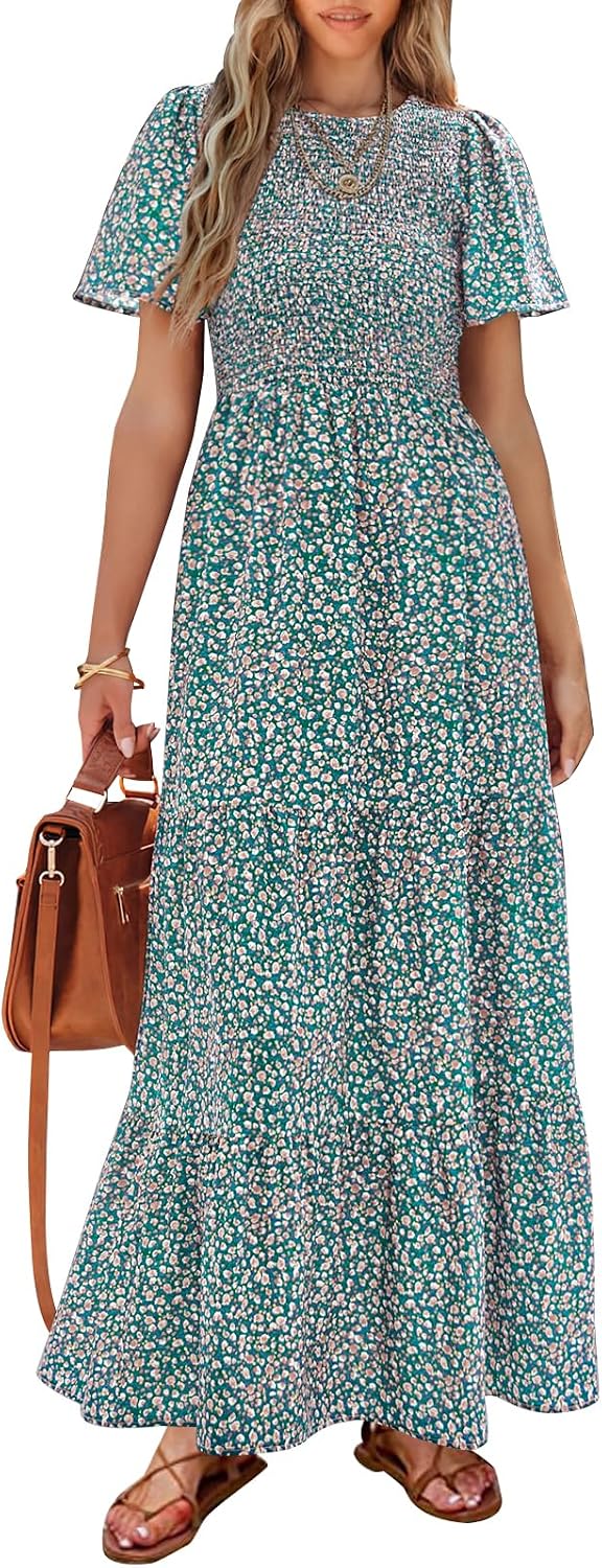 PRETTYGARDEN Women's 2026 Summer Casual Flutter Sleeve Floral Maxi Dress | Crew Neck Short Sleeve Dress, Smocked Top High Waisted Wedding Guest Dresses for Women, Tiered Hem Flowy Boho Long Dresses