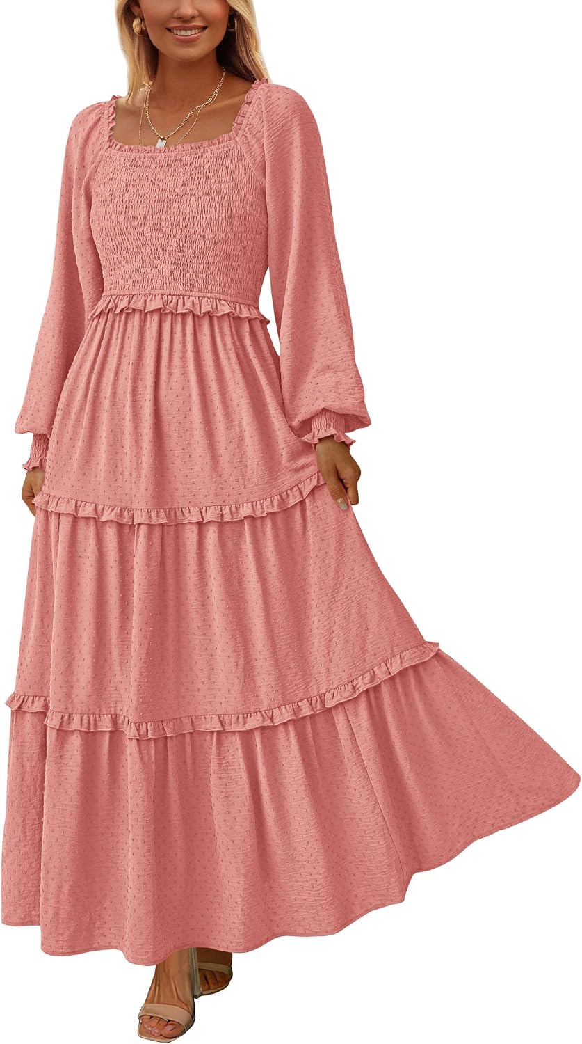 PRETTYGARDEN Women's Smocked Long Sleeve Maxi Dress Wedding Guest Dresses | Elegant Fall Vacation Outfits, Square Neck Swiss Dot, High Waist Tiered Ruffle, Pockets, Flowy Boho Spring Party Clothes