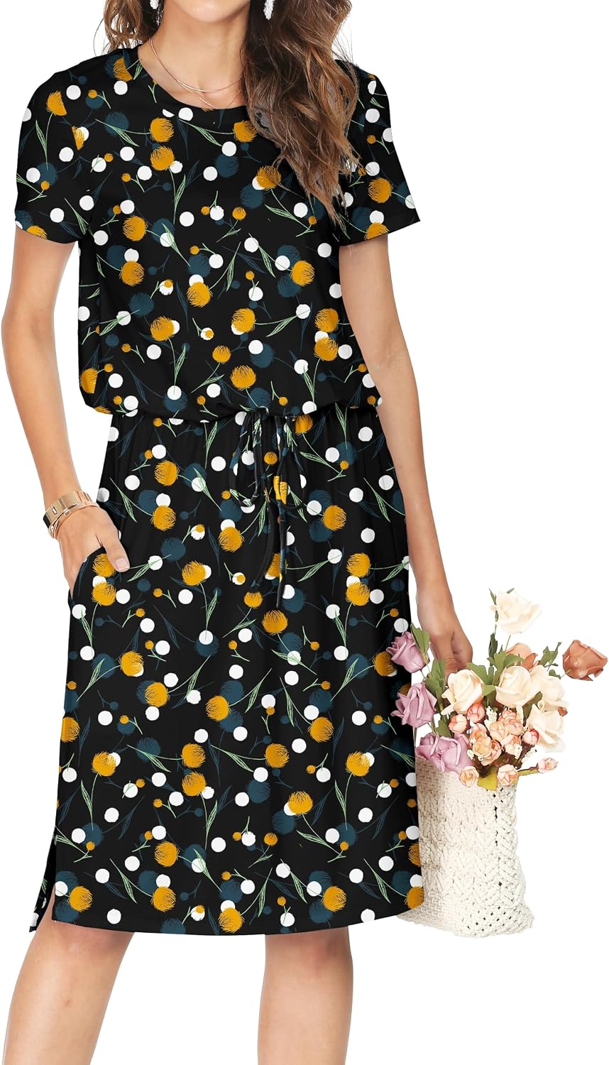 Simier Fariry Womens Summer Hide Belly Knee Length Travel Dress Pocket Short Sleeve Midi Work Casual Outfits