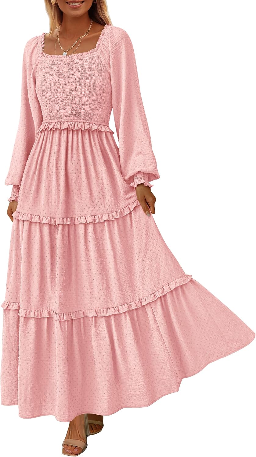 PRETTYGARDEN Women's Smocked Long Sleeve Maxi Dress Wedding Guest Dresses | Elegant Fall Vacation Outfits, Square Neck Swiss Dot, High Waist Tiered Ruffle, Pockets, Flowy Boho Spring Party Clothes