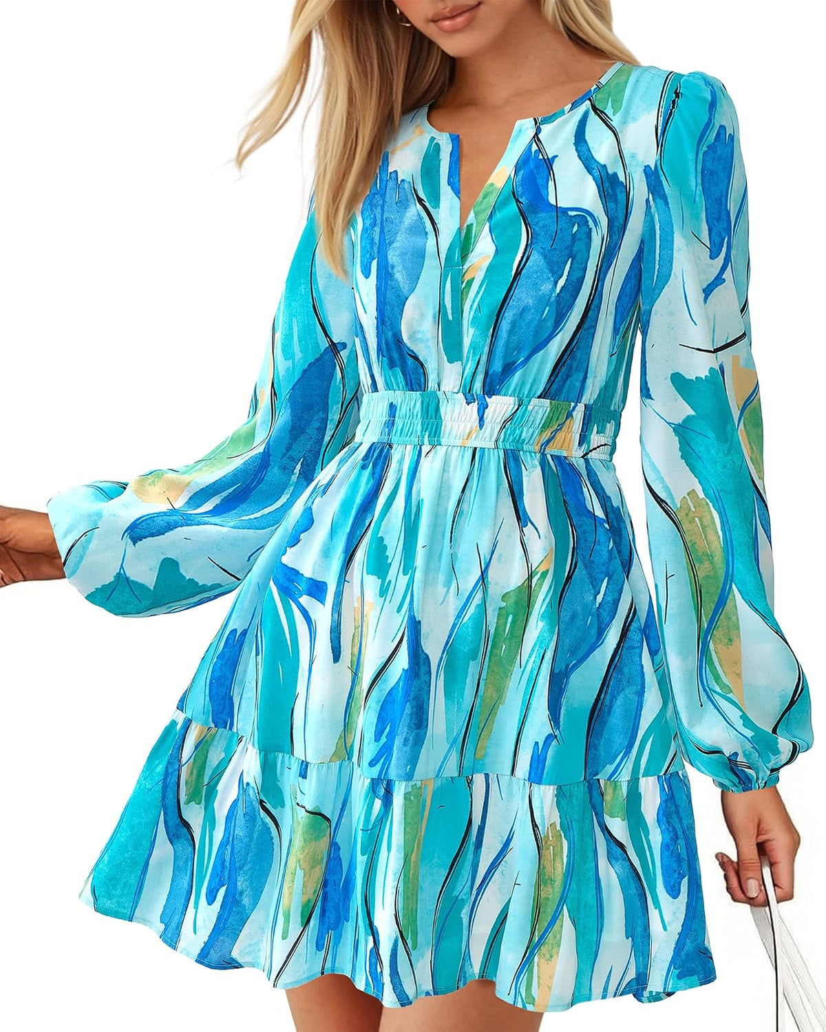 BTFBM Fall Dresses for Women 2026 Trendy Floral Long Sleeve Mini Dress | V Neck Elastic High Waist Knee Length A Line Flowy, Casual Dress Pockets, Holiday Party Vacation Cocktail Wedding Guest Dress