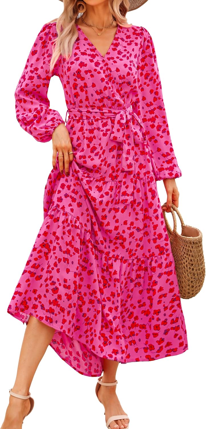 PRETTYGARDEN Womens Long Sleeve Boho Floral Wrap Maxi Dress | Fall Wedding Guest Dresses 2026, Chiffon Flowy Long Dresses, Casual Tie Waist V Neck Dress, Modest A Line Ruffle Tiered Dress