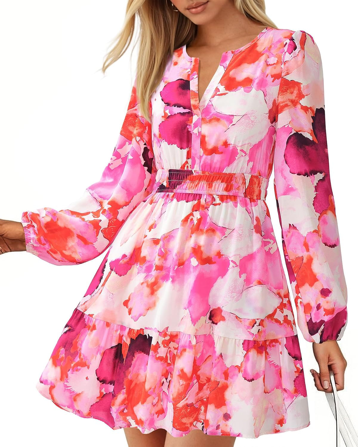 BTFBM Fall Dresses for Women 2026 Trendy Floral Long Sleeve Mini Dress | V Neck Elastic High Waist Knee Length A Line Flowy, Casual Dress Pockets, Holiday Party Vacation Cocktail Wedding Guest Dress