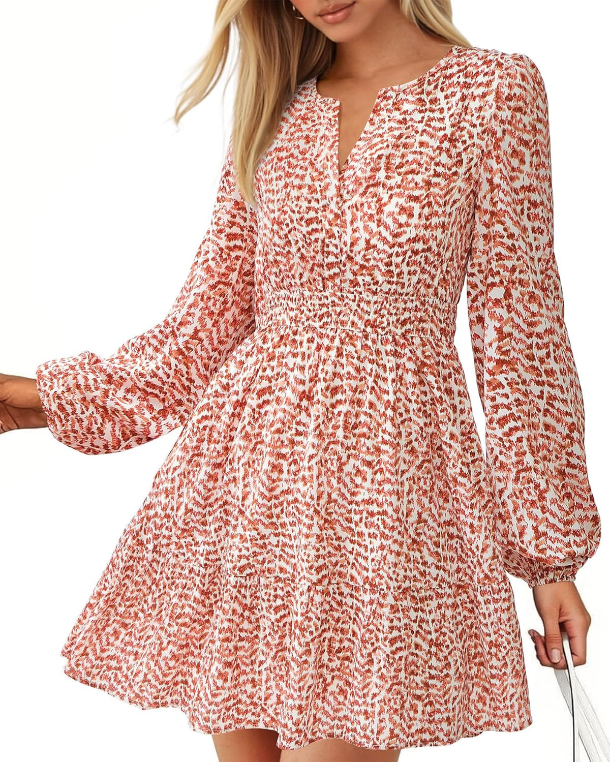BTFBM Fall Dresses for Women 2026 Trendy Floral Long Sleeve Mini Dress | V Neck Elastic High Waist Knee Length A Line Flowy, Casual Dress Pockets, Holiday Party Vacation Cocktail Wedding Guest Dress