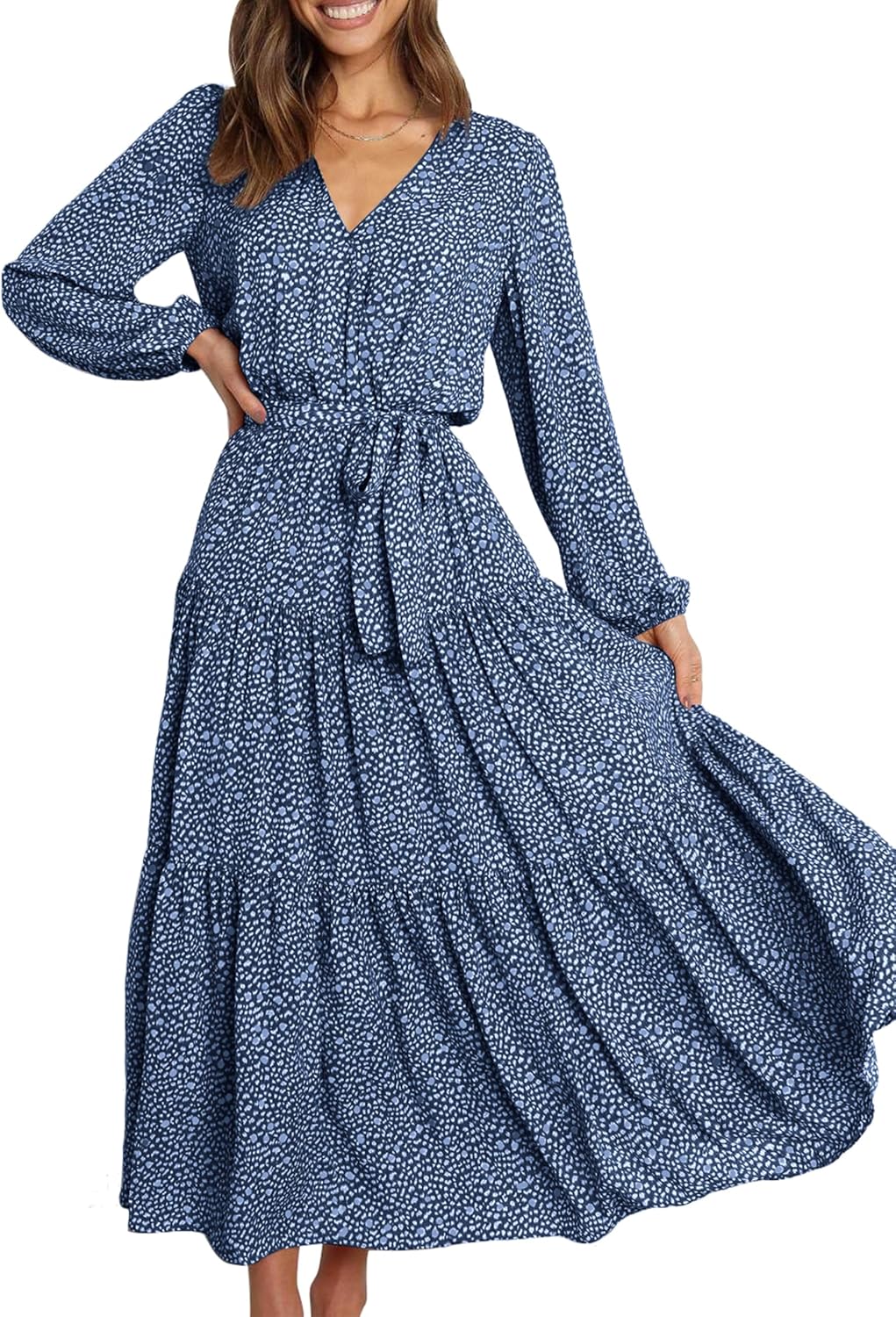 PRETTYGARDEN Womens Long Sleeve Boho Floral Wrap Maxi Dress | Fall Wedding Guest Dresses 2026, Chiffon Flowy Long Dresses, Casual Tie Waist V Neck Dress, Modest A Line Ruffle Tiered Dress
