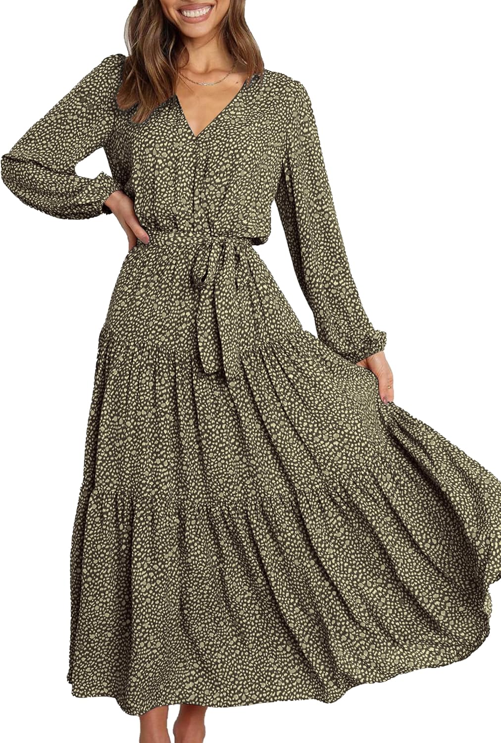 PRETTYGARDEN Womens Long Sleeve Boho Floral Wrap Maxi Dress | Fall Wedding Guest Dresses 2026, Chiffon Flowy Long Dresses, Casual Tie Waist V Neck Dress, Modest A Line Ruffle Tiered Dress
