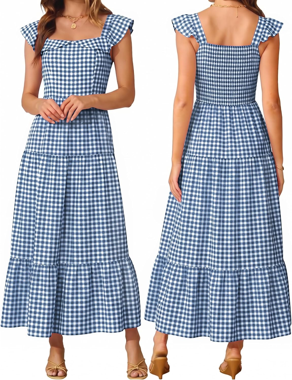 AUMORA Womens Summer Sleeveless Maxi Dress Square Neck | Smocked Backless, Ruffle Boho Flowy, A-Line Beach Dress, Vacation Resort Wear Outfits