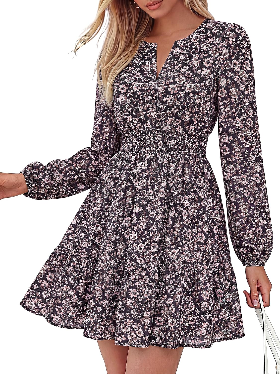 BTFBM Fall Dresses for Women 2026 Trendy Floral Long Sleeve Mini Dress | V Neck Elastic High Waist Knee Length A Line Flowy, Casual Dress Pockets, Holiday Party Vacation Cocktail Wedding Guest Dress