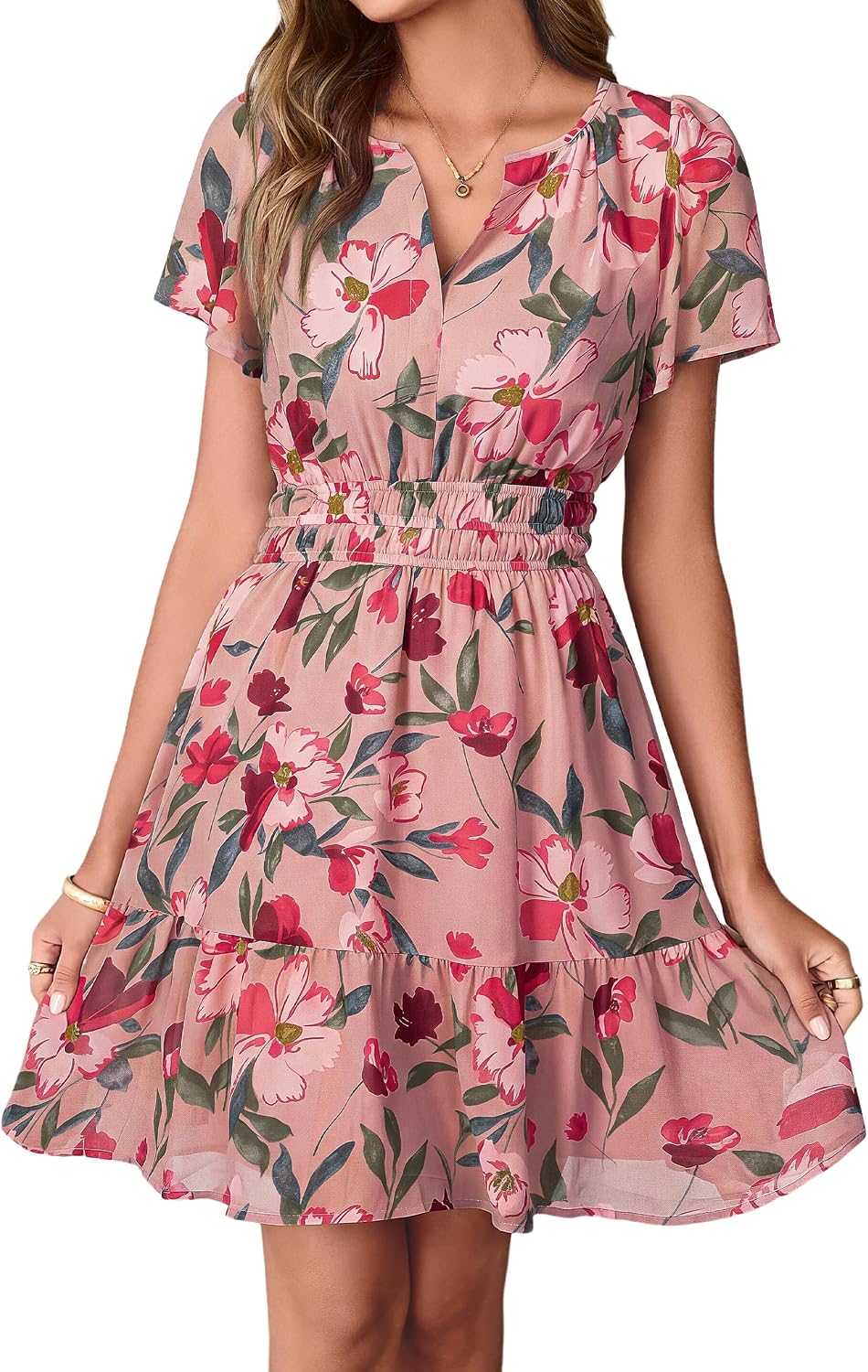 Simplee Women 2026 Floral Summer Short Dress Short Sleeves V Neck Chiffon A-Line Casual Flowy Boho Mini Dresses