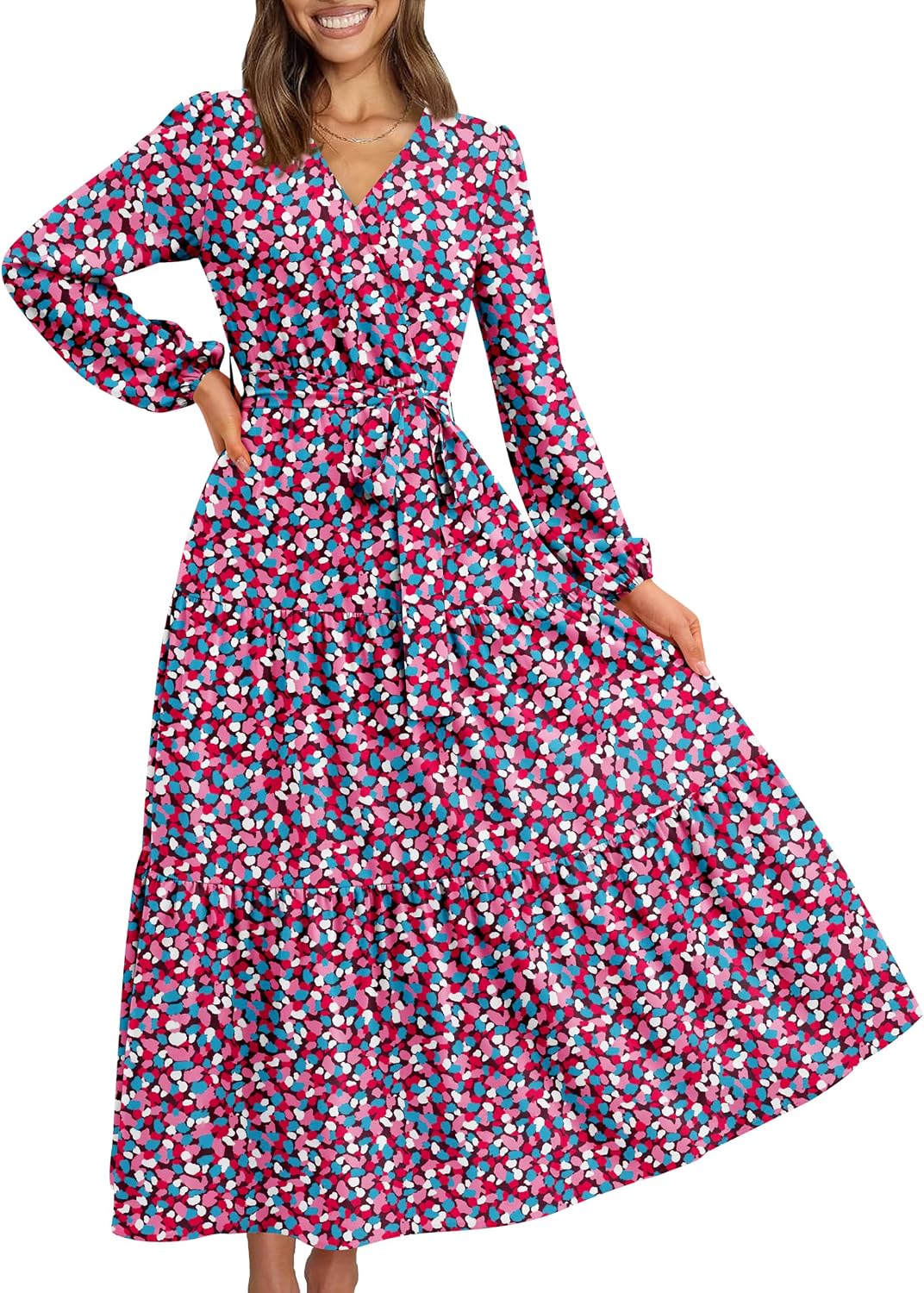 PRETTYGARDEN Womens Long Sleeve Boho Floral Wrap Maxi Dress | Fall Wedding Guest Dresses 2026, Chiffon Flowy Long Dresses, Casual Tie Waist V Neck Dress, Modest A Line Ruffle Tiered Dress
