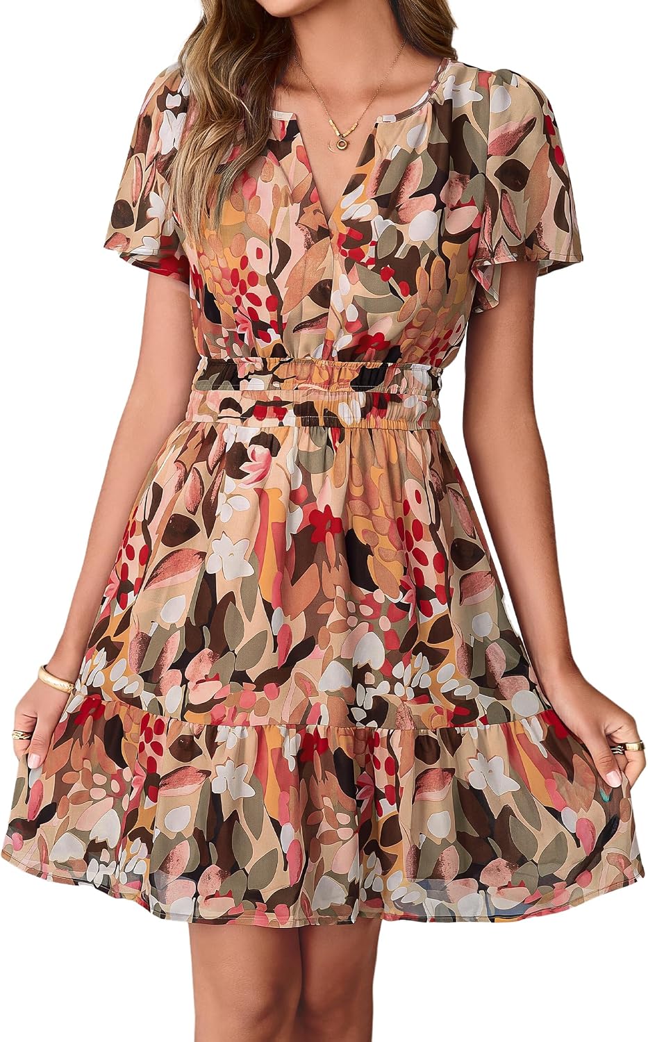 Simplee Women 2026 Floral Summer Short Dress Short Sleeves V Neck Chiffon A-Line Casual Flowy Boho Mini Dresses