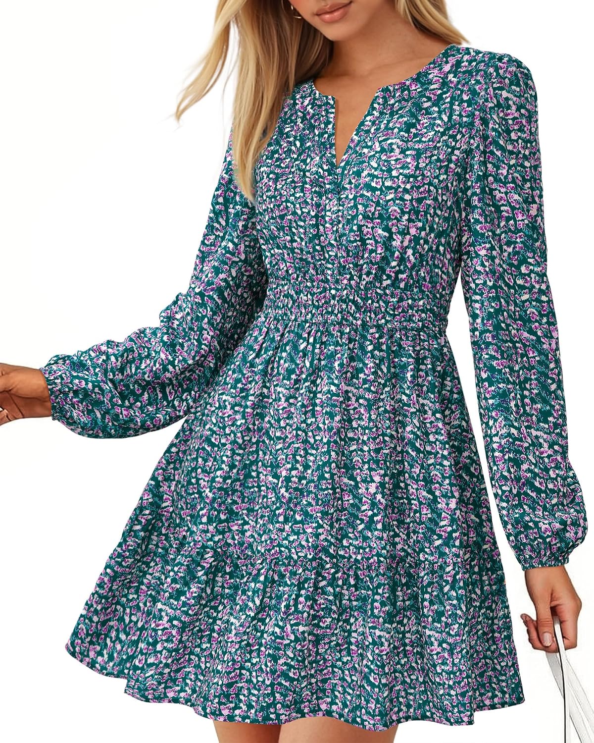 BTFBM Fall Dresses for Women 2026 Trendy Floral Long Sleeve Mini Dress | V Neck Elastic High Waist Knee Length A Line Flowy, Casual Dress Pockets, Holiday Party Vacation Cocktail Wedding Guest Dress