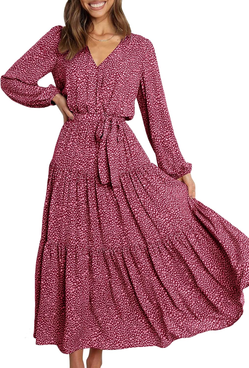 PRETTYGARDEN Womens Long Sleeve Boho Floral Wrap Maxi Dress | Fall Wedding Guest Dresses 2026, Chiffon Flowy Long Dresses, Casual Tie Waist V Neck Dress, Modest A Line Ruffle Tiered Dress