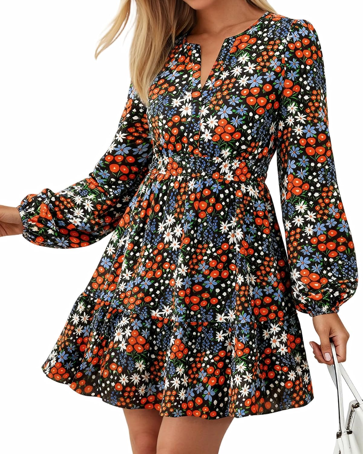 BTFBM Fall Dresses for Women 2026 Trendy Floral Long Sleeve Mini Dress | V Neck Elastic High Waist Knee Length A Line Flowy, Casual Dress Pockets, Holiday Party Vacation Cocktail Wedding Guest Dress