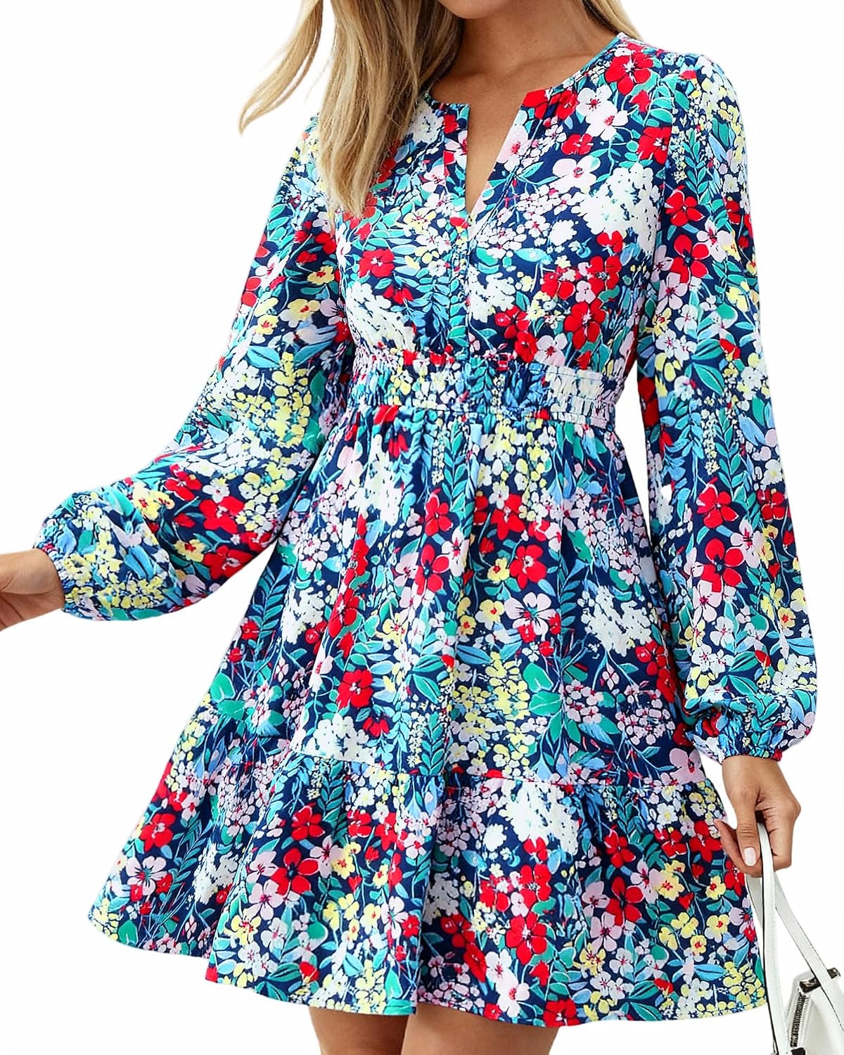 BTFBM Fall Dresses for Women 2026 Trendy Floral Long Sleeve Mini Dress | V Neck Elastic High Waist Knee Length A Line Flowy, Casual Dress Pockets, Holiday Party Vacation Cocktail Wedding Guest Dress
