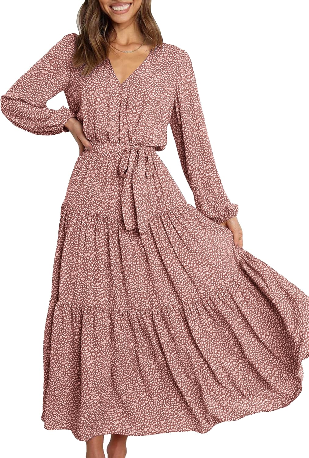 PRETTYGARDEN Womens Long Sleeve Boho Floral Wrap Maxi Dress | Fall Wedding Guest Dresses 2026, Chiffon Flowy Long Dresses, Casual Tie Waist V Neck Dress, Modest A Line Ruffle Tiered Dress