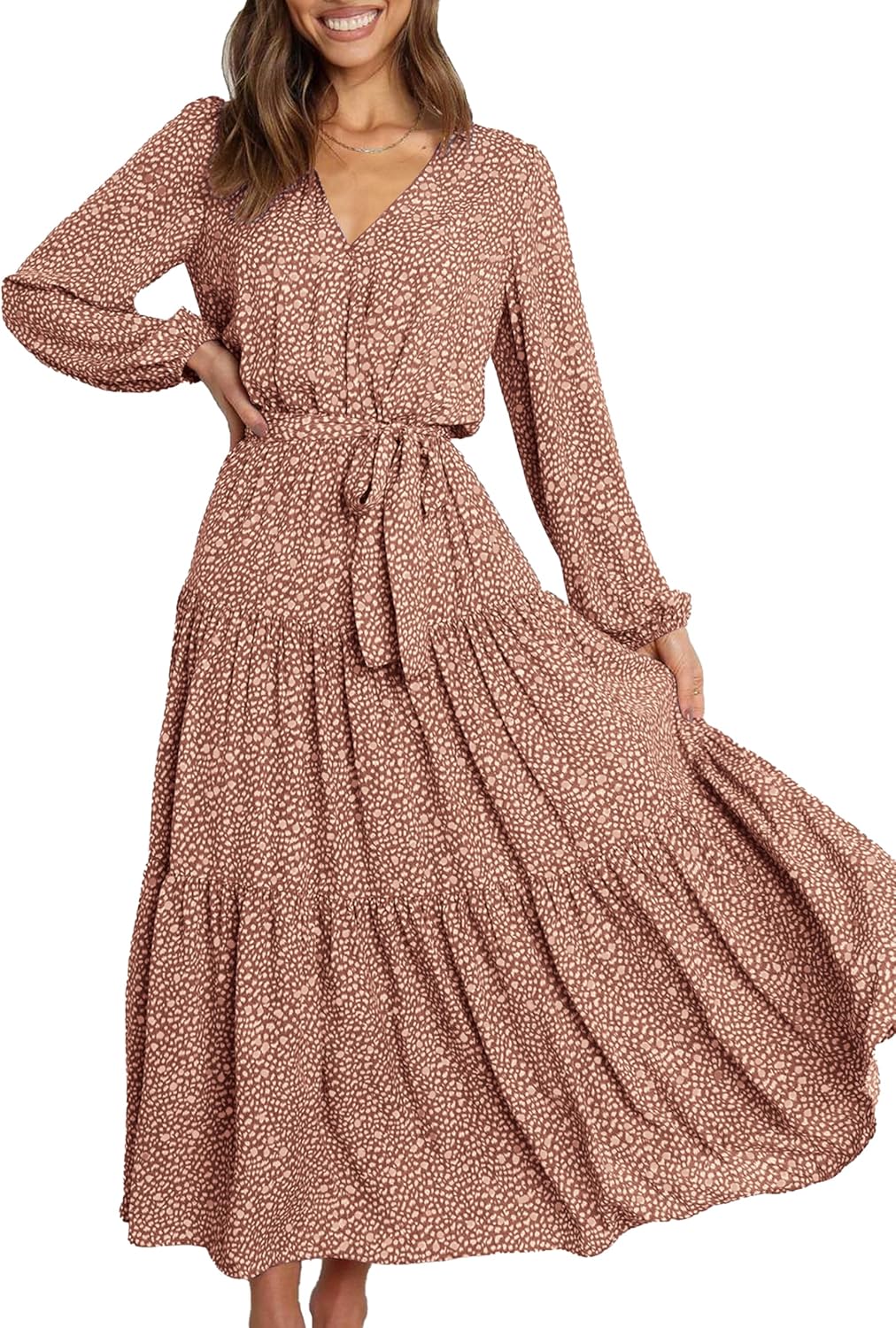 PRETTYGARDEN Womens Long Sleeve Boho Floral Wrap Maxi Dress | Fall Wedding Guest Dresses 2026, Chiffon Flowy Long Dresses, Casual Tie Waist V Neck Dress, Modest A Line Ruffle Tiered Dress
